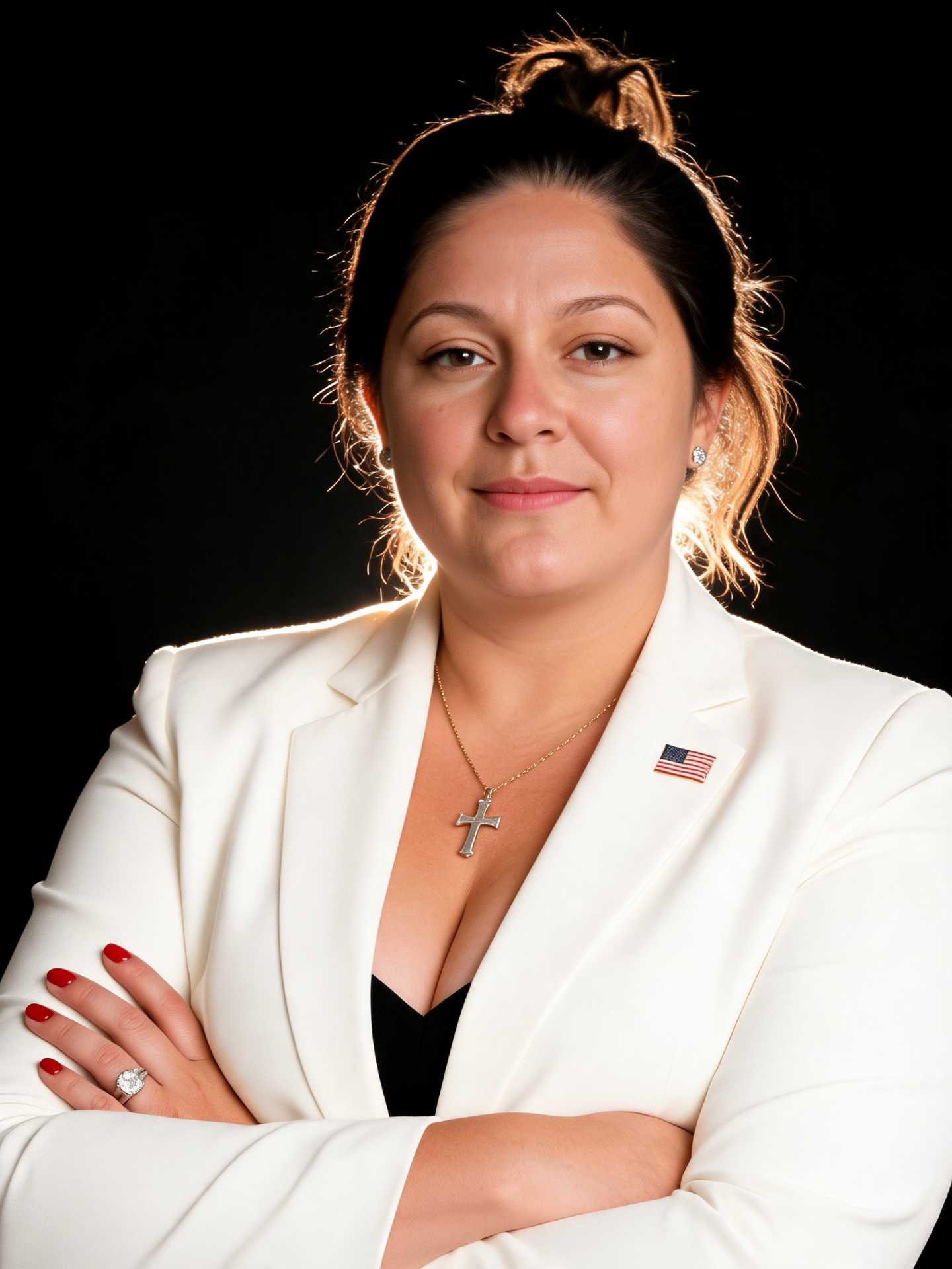 Portrait of Stacey Martinez in a white blazer with a gold cross necklace, backlit against a dark background